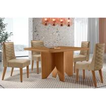 Conjunto: Mesa de Cozinha Nevada c/ Tampo Madeirado Canto Curvo 90x90cm e 4 Cadeiras Dafne Naturale - Linho Bege - Rufato Conjunto: Mesa de Cozinha Nevada c/ Tampo Madeirado Canto Curvo 90x90cm e 4 Cadeiras Dafne Naturale - Linho Bege - Rufato