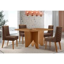 Conjunto: Mesa de Cozinha Nevada c/ Tampo Madeirado Canto Curvo 90x90cm e 4 Cadeiras Dafne Naturale - Suede Marrom - Rufato Conjunto: Mesa de Cozinha Nevada c/ Tampo Madeirado Canto Curvo 90x90cm e 4 Cadeiras Dafne Naturale - Suede Marrom - Rufato