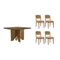 Conjunto: Mesa de Cozinha Nevada c/ Tampo Madeirado Canto Curvo 90x90cm e 4 Cadeiras Havana Naturale - Linho Bege - Rufato Conjunto: Mesa de Cozinha Nevada c/ Tampo Madeirado Canto Curvo 90x90cm e 4 Cadeiras Havana Naturale - Linho Bege - Rufato