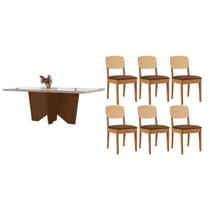 Conjunto: Mesa de Cozinha Nevada Curvo 180cm + 6 Cadeiras Havana Naturale/Off White - Capuccino/Suede Marrom - Rufato