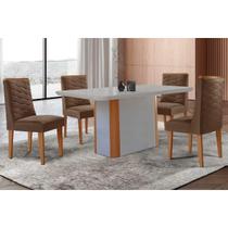 Conjunto: Mesa de Cozinha Pietá c/ Tampo Madeirado c/ Vidro Canto Curvo 120x80cm e 4 Cadeiras Dafne Naturale/Off White - Suede Marrom - Rufato