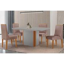 Conjunto: Mesa de Cozinha Pietá c/ Tampo Madeirado c/ Vidro Canto Curvo 120x80cm e 4 Cadeiras Dakota Naturale/Off White - Linho Capuccino - Rufato