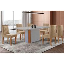 Conjunto: Mesa de Cozinha Pietá c/ Tampo Madeirado c/ Vidro Canto Curvo 180x90cm e 6 Cadeiras Dafne Naturale/Off White - Linho Bege - Rufato