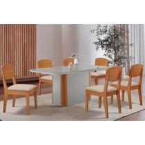 Conjunto: Mesa de Cozinha Pietá c/ Tampo Madeirado c/ Vidro Canto Curvo 180x90cm e 6 Cadeiras Havana Naturale/Off White - Suede Creme - Rufato