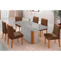 Conjunto: Mesa de Cozinha Pietá c/ Tampo Madeirado c/ Vidro Canto Curvo 180x90cm e 6 Cadeiras Maldivas Naturale/Off White - Suede Marrom - Rufato