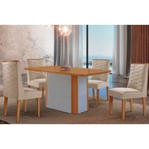 Conjunto: Mesa de Cozinha Pietá c/ Tampo Madeirado Canto Curvo 120x80cm e 4 Cadeiras Dafne Naturale/Off White - Suede Creme - Rufato Conjunto: Mesa de Cozinha Pietá c/ Tampo Madeirado Canto Curvo 120x80cm e 4 Cadeiras Dafne Naturale/Off White - Suede Creme - Rufato
