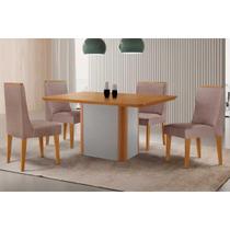 Conjunto: Mesa de Cozinha Pietá c/ Tampo Madeirado Canto Curvo 120x80cm e 4 Cadeiras Dakota Naturale/Off White - Linho Capuccino - Rufato