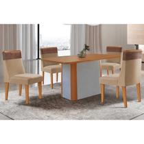 Conjunto: Mesa de Cozinha Pietá c/ Tampo Madeirado Canto Curvo 120x80cm e 4 Cadeiras Jaspe Naturale/Off White - Linho Bege - Rufato Conjunto: Mesa de Cozinha Pietá c/ Tampo Madeirado Canto Curvo 120x80cm e 4 Cadeiras Jaspe Naturale/Off White - Linho Bege - Rufato