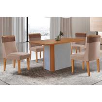 Conjunto: Mesa de Cozinha Pietá c/ Tampo Madeirado Canto Curvo 120x80cm e 4 Cadeiras Jaspe Naturale/Off White - Suede Capuccino - Rufato