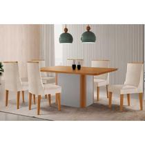 Conjunto: Mesa de Cozinha Pietá c/ Tampo Madeirado Canto Curvo 180x90cm e 6 Cadeiras Dakota Naturale/Off White - Suede Creme - Rufato