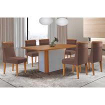 Conjunto: Mesa de Cozinha Pietá c/ Tampo Madeirado Canto Curvo 180x90cm e 6 Cadeiras Jaspe Naturale/Off White - Suede Marrom - Rufato Conjunto: Mesa de Cozinha Pietá c/ Tampo Madeirado Canto Curvo 180x90cm e 6 Cadeiras Jaspe Naturale/Off White - Suede Marrom - Rufato