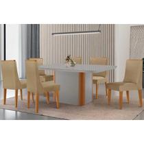 Conjunto: Mesa de Cozinha Pietà Curvo 180cm + 6 Cadeiras Dakota Madeira Naturale/Off White - Capuccino/Linho Bege - Rufato Conjunto: Mesa de Cozinha Pietà Curvo 180cm + 6 Cadeiras Dakota Madeira Naturale/Off White - Capuccino/Linho Bege - Rufato