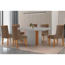 Conjunto: Mesa de Cozinha Pietá Tampo c/ Vidro Curvo 180cm+6 Cadeiras Dakota Naturale/Off White - Suede Capuccino - Rufato Conjunto: Mesa de Cozinha Pietá Tampo c/ Vidro Curvo 180cm+6 Cadeiras Dakota Naturale/Off White - Suede Capuccino - Rufato