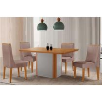 Conjunto: Mesa de Cozinha Pietá Tampo Curvo 120cm+4 Cadeiras Dakota Madeira Naturale/Off White - Capuccino/Linho Capuccino - Rufato