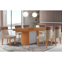 Conjunto: Mesa de Cozinha Pilar c/ Tampo Madeirado Canto Curvo 180x90cm e 6 Cadeiras Jaspe Naturale/Off White - Linho Bege - Rufato Conjunto: Mesa de Cozinha Pilar c/ Tampo Madeirado Canto Curvo 180x90cm e 6 Cadeiras Jaspe Naturale/Off White - Linho Bege - Rufato