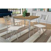 Conjunto: Mesa de Cozinha Reno c/ Tampo de Madeira 90cm e 4 Cadeiras Nápoles Cromada/Branco 106 - Kappesberg