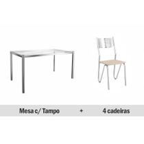 Conjunto: Mesa de Cozinha Reno c/ Tampo de Vidro 150cm + 4 Cadeiras Nápoles 150 Cromada/Nude - Kappesberg