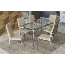 Conjunto: Mesa de Cozinha Reno c/ Tampo de Vidro 150cm + 6 Cadeiras Amsterdã Cromada/Nude - Kappesberg