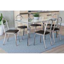 Conjunto: Mesa de Cozinha Reno c/ Tampo de Vidro 150cm + 6 Cadeiras Holanda Cromada - Assento Preto - Kappesberg