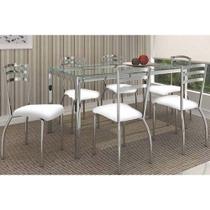 Conjunto: Mesa de Cozinha Reno c/ Tampo de Vidro 150cm + 6 Cadeiras Portugal Cromada/Branco - Kappesberg