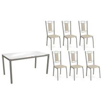 Conjunto: Mesa de Cozinha Reno c/ Tampo de Vidro 150cm e 4 Cadeiras Florença Niquel - Courano Bege - Kappesberg