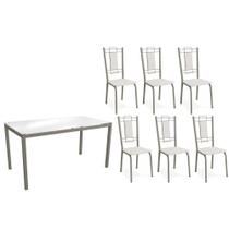 Conjunto: Mesa de Cozinha Reno c/ Tampo de Vidro 150cm e 4 Cadeiras Florença Niquel - Courano Branco - Kappesberg
