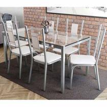 Conjunto: Mesa de Cozinha Reno c/ Tampo Vidro 150cm + 6 Cadeiras Florença Cromada/Branco - Kappesberg