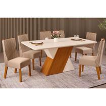 Conjunto: Mesa de Cozinha Rubi c/ Tampo Madeirado c/ Vidro 170x90cm e 6 Cadeiras Jade Freijo/Off White/Off White - Suede Kraft - DJ Móveis Conjunto: Mesa de Cozinha Rubi c/ Tampo Madeirado c/ Vidro 170x90cm e 6 Cadeiras Jade Freijo/Off White/Off White - Suede Kraft - DJ Móveis