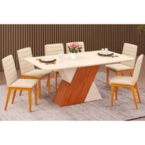 Conjunto: Mesa de Cozinha Rubi c/ Tampo Madeirado c/ Vidro 170x90cm e 6 Cadeiras Sofia Freijo/Off White/Off White - Ipe/Linho Neve - DJ Móveis