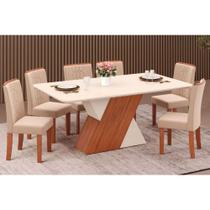 Conjunto: Mesa de Cozinha Rubi Tampo Madeirado c/ Vidro Canto Reto 170x90cm e 6 Cadeiras Zoe Freijo/Off White/Off White - Suede Creme - DJ Móveis Conjunto: Mesa de Cozinha Rubi Tampo Madeirado c/ Vidro Canto Reto 170x90cm e 6 Cadeiras Zoe Freijo/Off White/Off White - Suede Creme - DJ Móveis