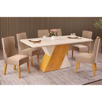 Conjunto: Mesa de Cozinha Rubi Tampo Madeirado c/ Vidro Curvo 170x90cm e 6 Cadeiras Jade Cedro/Off White/Off White - Suede Kraft - DJ Móveis