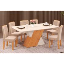 Conjunto: Mesa de Cozinha Rubi Tampo Madeirado c/ Vidro Curvo 170x90cm e 6 Cadeiras Zoe Cedro/Off White/Off White - Suede Creme - DJ Móveis Conjunto: Mesa de Cozinha Rubi Tampo Madeirado c/ Vidro Curvo 170x90cm e 6 Cadeiras Zoe Cedro/Off White/Off White - Suede Creme - DJ Móveis