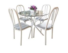 Conjunto Mesa de cozinha Sala de Jantar M-QUE redonda 90cm Vidro com 8mm + 4 cadeiras altas Top Branca com assento listrado - RECOMENDADO