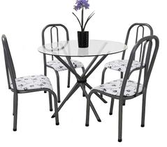Conjunto Mesa de cozinha Sala de Jantar M-QUE redonda 90cm Vidro incolor de 8mm + 4 cadeiras Bx reforçadas cor Chumbo cinza estampa Floral branco temp