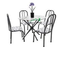 Conjunto Mesa de cozinha Sala de Jantar Munich redonda 90cm Vidro incolor de 8mm + 4 cadeiras Bx reforçadas cor Chumbo cinza estampa Floral branco tem - Ql. AÇo