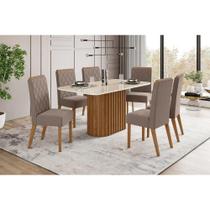 Conjunto: Mesa de Cozinha Solana c/ Tampo Madeirado c/ Vidro Curvo 160x90cm e 6 Cadeiras Nina Nature/Suede Light Marrom Amêndoa - Henn