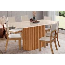 Conjunto: Mesa de Cozinha Solana SC68 Tampo Madeirado c/ Vidro Canto Curvo 160x90cm e 6 Cadeiras Milla Nature/Suede Light Linho - Henn