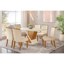 Conjunto: Mesa de Cozinha Solus Tampo Madeirado c/ Vidro Curvo 160x90cm e 6 Cadeiras Tauá Nature/Linho - Henn