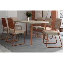 Conjunto: Mesa de Cozinha Stellar 1597 Aço c/ Tampo Madeirado 160x90cm e 6 Cadeiras 1736 Rose/Petra - Rose/Areia - Caramelo - Carraro