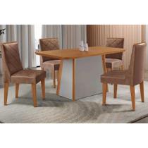 Conjunto: Mesa de Cozinha Tilia c/ Tampo Madeirado Canto Curvo 120x80cm e 4 Cadeiras Pietá Naturale/Off White - Corano Capuccino - Rufato