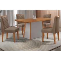 Conjunto: Mesa de Cozinha Tilia c/ Tampo Madeirado Canto Curvo 120x80cm e 4 Cadeiras Pietá Naturale/Off White - Suede Capuccino - Rufato