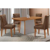 Conjunto: Mesa de Cozinha Tilia c/ Tampo Madeirado Canto Curvo 120x80cm e 4 Cadeiras Pietá Naturale/Off White - Suede Marrom - Rufato Conjunto: Mesa de Cozinha Tilia c/ Tampo Madeirado Canto Curvo 120x80cm e 4 Cadeiras Pietá Naturale/Off White - Suede Marrom - Rufato
