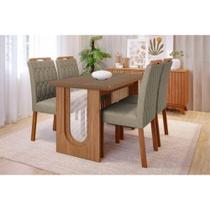 Conjunto: Mesa de Cozinha Valentina c/ Tampo Madeirado 130x80cm e 4 Cadeiras Paola Cinamomo - Carvalho/Linho Bege - Cimol