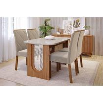 Conjunto: Mesa de Cozinha Valentina Tampo Madeirado c/ Vidro 130x80cm e 4 Cadeiras Fernanda Cinamomo/Off White - Carvalho/Suede Nude Bege - Cimol