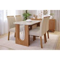 Conjunto: Mesa de Cozinha Valentina Tampo Madeirado c/ Vidro 130x80cm e 4 Cadeiras Juliana Cinamomo/Off White - Carvalho/Suede Nude Bege - Cimol
