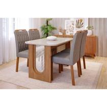 Conjunto: Mesa de Cozinha Valentina Tampo Madeirado c/ Vidro 130x80cm e 4 Cadeiras Paola Cinamomo/Off White - Carvalho/Linho Grafite - Cimol