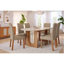 Conjunto: Mesa de Cozinha Valentina Tampo Madeirado Oval c/ Vidro 210x100cm e 6 Cadeiras Clarice Cinamomo/Off White - Carvalho/Linho Bege - Cimol