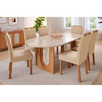 Conjunto: Mesa de Cozinha Valentina Tampo Madeirado Oval c/ Vidro 210x100cm e 6 Cadeiras Paola Cinamomo/Off White - Savana/Nature-Suede Nude - Cimol