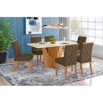 Conjunto: Mesa de Cozinha Vértice Tampo Madeirado c/ Vidro 160x80cm e 6 Cadeiras Vita Nature/Suede Light Bege - Henn Conjunto: Mesa de Cozinha Vértice Tampo Madeirado c/ Vidro 160x80cm e 6 Cadeiras Vita Nature/Suede Light Bege - Henn