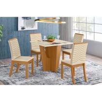 Conjunto: Mesa de Cozinha Vértice Tampo Madeirado c/ Vidro 90x90cm e 4 Cadeiras Isa Nature/Linho - Henn
